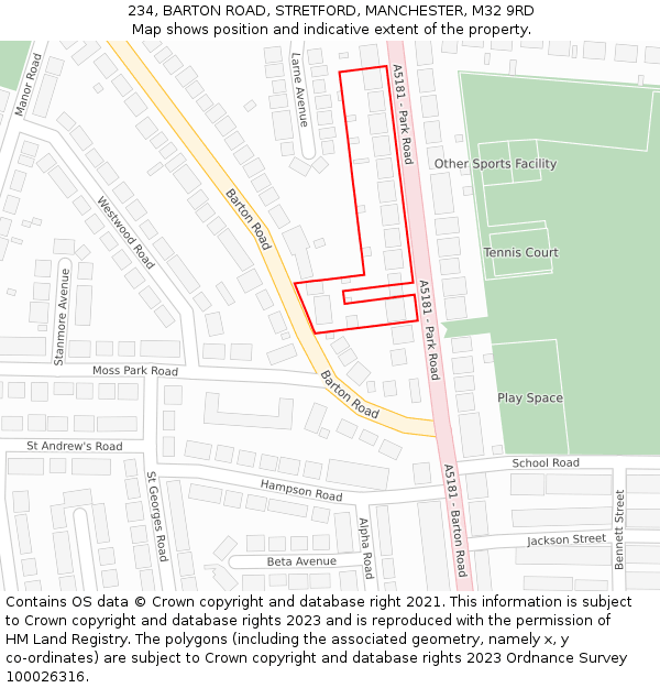 234, BARTON ROAD, STRETFORD, MANCHESTER, M32 9RD: Location map and indicative extent of plot