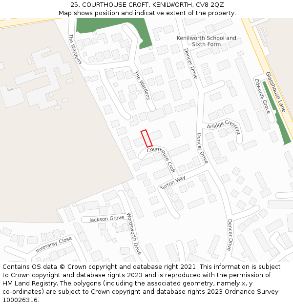 25, COURTHOUSE CROFT, KENILWORTH, CV8 2QZ: Location map and indicative extent of plot