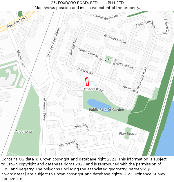 25, FOXBORO ROAD, REDHILL, RH1 1TD: Location map and indicative extent of plot