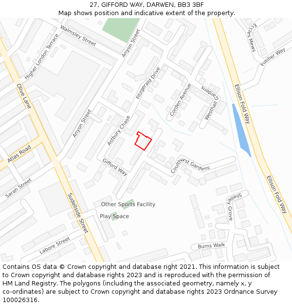 27, GIFFORD WAY, DARWEN, BB3 3BF: Location map and indicative extent of plot