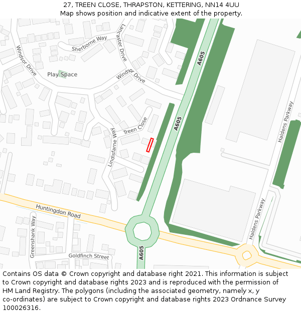 27, TREEN CLOSE, THRAPSTON, KETTERING, NN14 4UU: Location map and indicative extent of plot