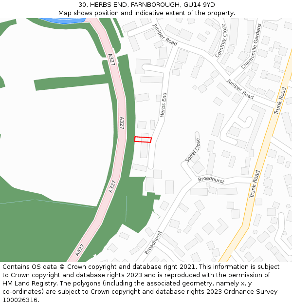 30, HERBS END, FARNBOROUGH, GU14 9YD: Location map and indicative extent of plot