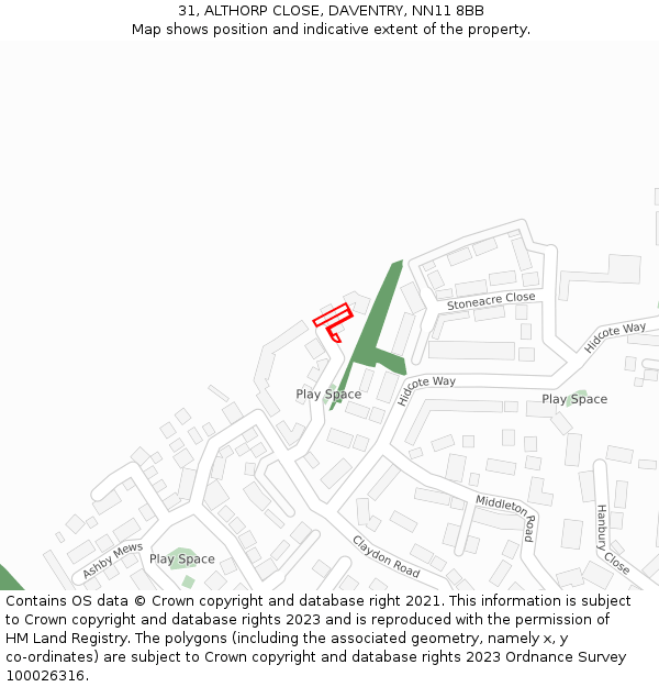 31, ALTHORP CLOSE, DAVENTRY, NN11 8BB: Location map and indicative extent of plot