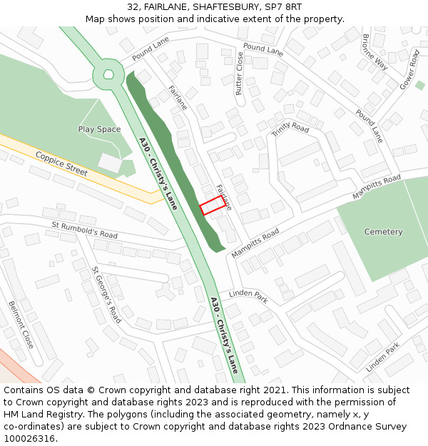 32, FAIRLANE, SHAFTESBURY, SP7 8RT: Location map and indicative extent of plot