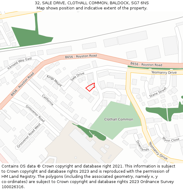 32, SALE DRIVE, CLOTHALL COMMON, BALDOCK, SG7 6NS: Location map and indicative extent of plot