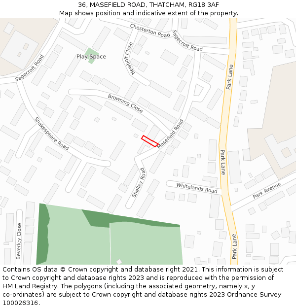 36, MASEFIELD ROAD, THATCHAM, RG18 3AF: Location map and indicative extent of plot