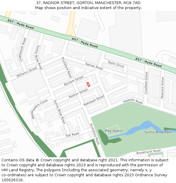 37, RADNOR STREET, GORTON, MANCHESTER, M18 7AD: Location map and indicative extent of plot