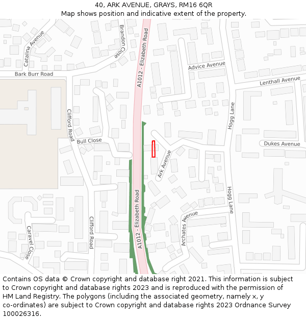 40, ARK AVENUE, GRAYS, RM16 6QR: Location map and indicative extent of plot