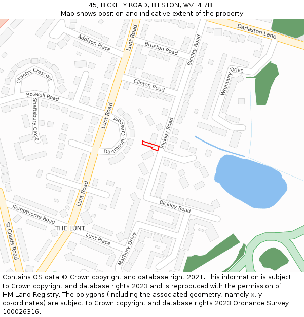 45, BICKLEY ROAD, BILSTON, WV14 7BT: Location map and indicative extent of plot