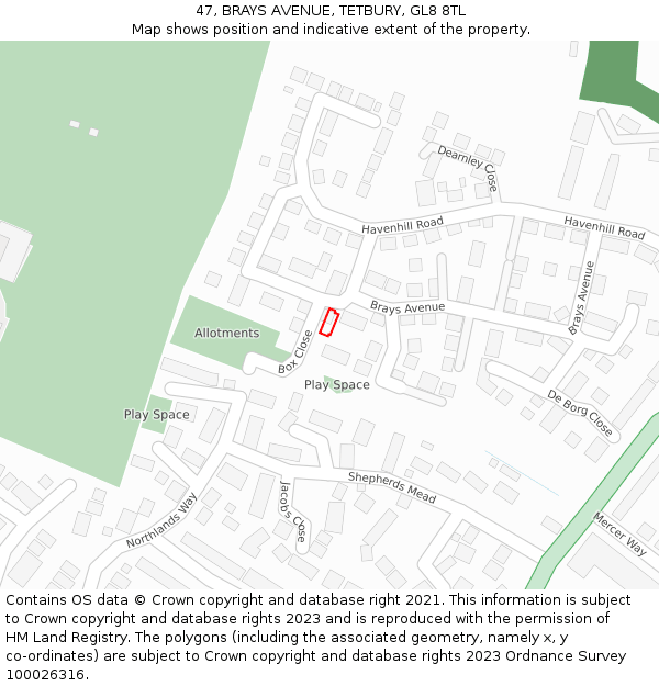 47, BRAYS AVENUE, TETBURY, GL8 8TL: Location map and indicative extent of plot