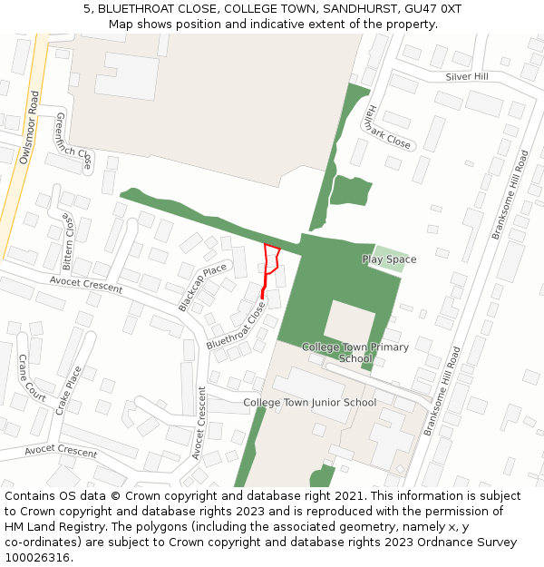 5, BLUETHROAT CLOSE, COLLEGE TOWN, SANDHURST, GU47 0XT: Location map and indicative extent of plot