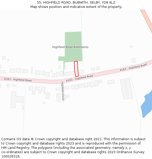 55, HIGHFIELD ROAD, BUBWITH, SELBY, YO8 6LZ: Location map and indicative extent of plot