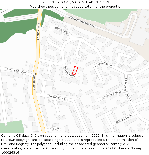 57, BISSLEY DRIVE, MAIDENHEAD, SL6 3UX: Location map and indicative extent of plot