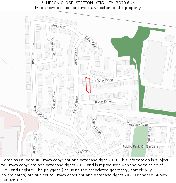 6, HERON CLOSE, STEETON, KEIGHLEY, BD20 6UN: Location map and indicative extent of plot