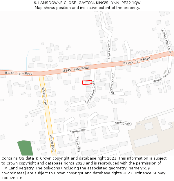 6, LANSDOWNE CLOSE, GAYTON, KING'S LYNN, PE32 1QW: Location map and indicative extent of plot