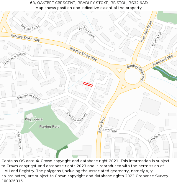 68, OAKTREE CRESCENT, BRADLEY STOKE, BRISTOL, BS32 9AD: Location map and indicative extent of plot