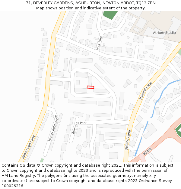 71, BEVERLEY GARDENS, ASHBURTON, NEWTON ABBOT, TQ13 7BN: Location map and indicative extent of plot