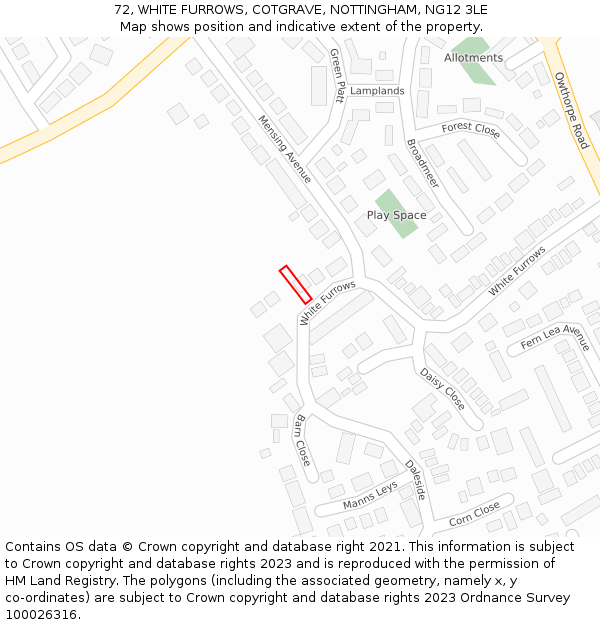 72, WHITE FURROWS, COTGRAVE, NOTTINGHAM, NG12 3LE: Location map and indicative extent of plot