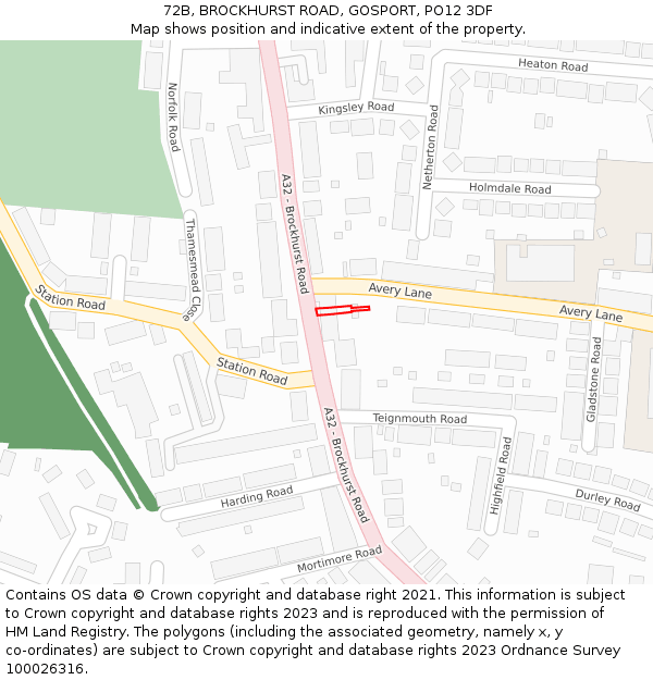72B, BROCKHURST ROAD, GOSPORT, PO12 3DF: Location map and indicative extent of plot