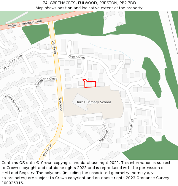 74, GREENACRES, FULWOOD, PRESTON, PR2 7DB: Location map and indicative extent of plot