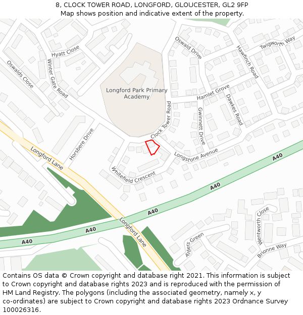 8, CLOCK TOWER ROAD, LONGFORD, GLOUCESTER, GL2 9FP: Location map and indicative extent of plot