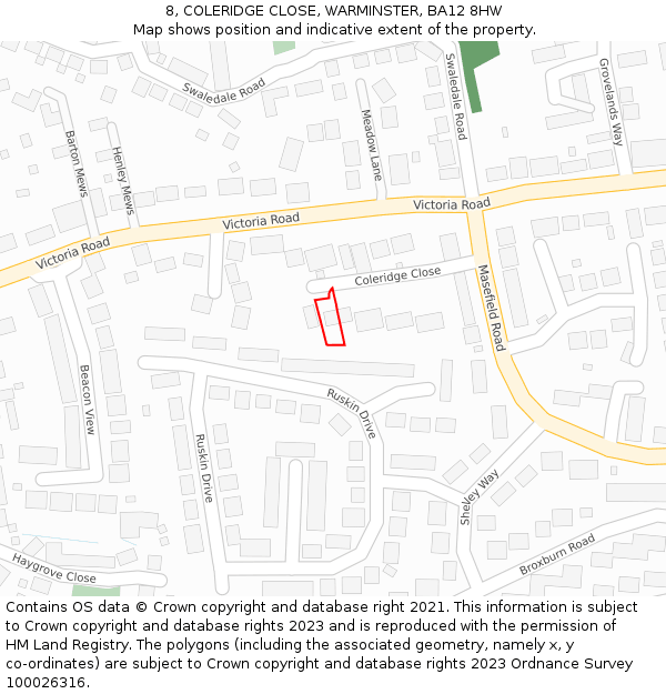 8, COLERIDGE CLOSE, WARMINSTER, BA12 8HW: Location map and indicative extent of plot