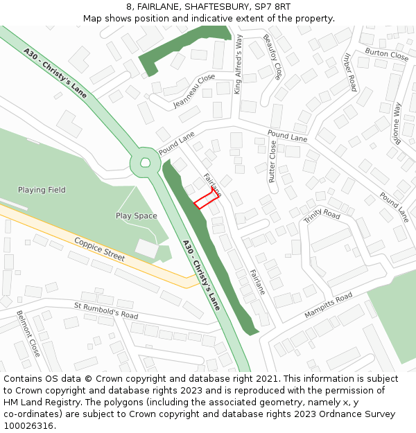 8, FAIRLANE, SHAFTESBURY, SP7 8RT: Location map and indicative extent of plot