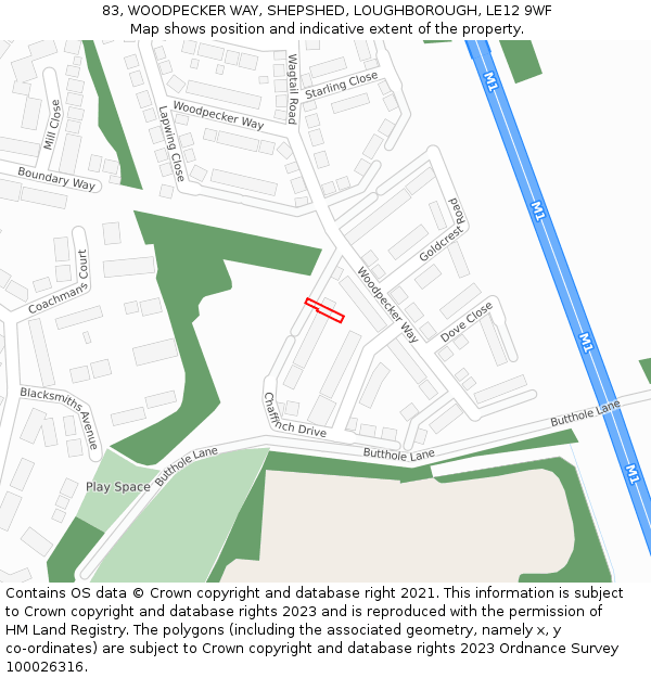 83, WOODPECKER WAY, SHEPSHED, LOUGHBOROUGH, LE12 9WF: Location map and indicative extent of plot