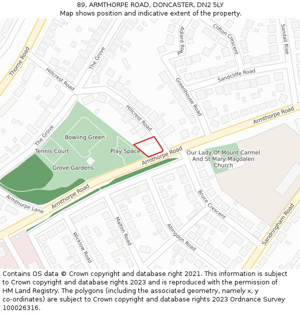 89, ARMTHORPE ROAD, DONCASTER, DN2 5LY: Location map and indicative extent of plot