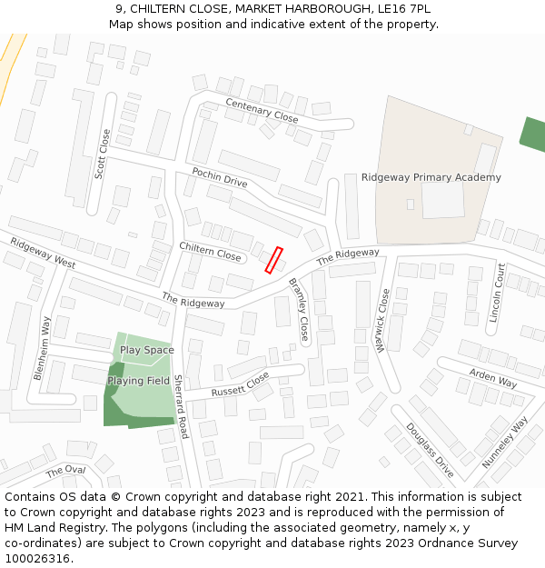 9, CHILTERN CLOSE, MARKET HARBOROUGH, LE16 7PL: Location map and indicative extent of plot