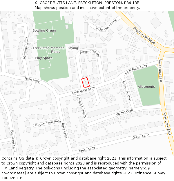 9, CROFT BUTTS LANE, FRECKLETON, PRESTON, PR4 1RB: Location map and indicative extent of plot