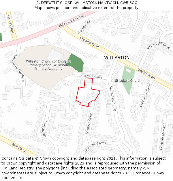9, DERWENT CLOSE, WILLASTON, NANTWICH, CW5 6QQ: Location map and indicative extent of plot