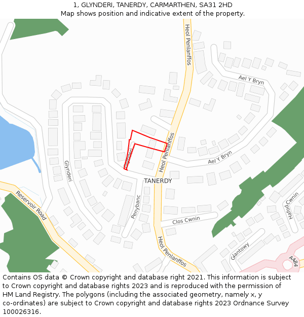 1, GLYNDERI, TANERDY, CARMARTHEN, SA31 2HD: Location map and indicative extent of plot