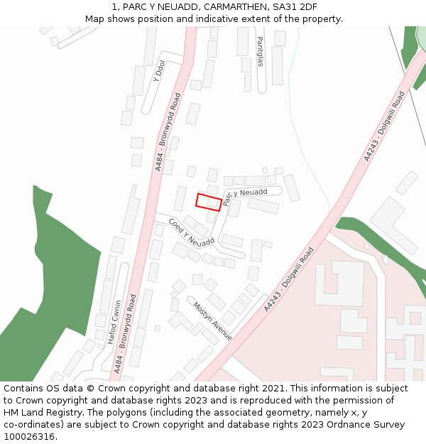 1, PARC Y NEUADD, CARMARTHEN, SA31 2DF: Location map and indicative extent of plot