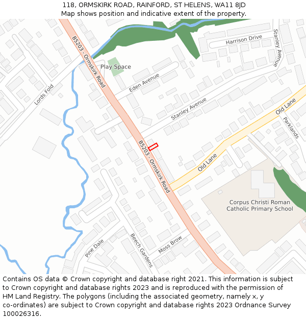 118, ORMSKIRK ROAD, RAINFORD, ST HELENS, WA11 8JD: Location map and indicative extent of plot