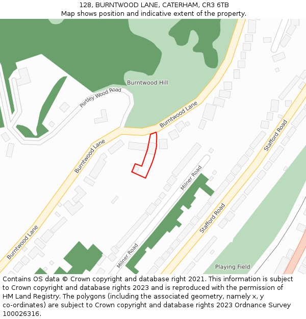 128, BURNTWOOD LANE, CATERHAM, CR3 6TB: Location map and indicative extent of plot