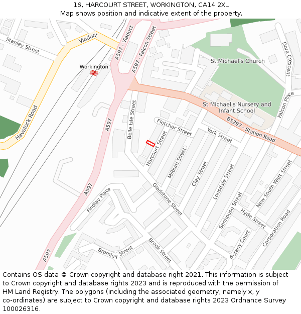 16, HARCOURT STREET, WORKINGTON, CA14 2XL: Location map and indicative extent of plot