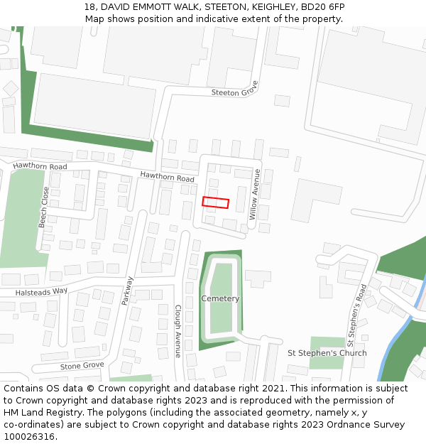 18, DAVID EMMOTT WALK, STEETON, KEIGHLEY, BD20 6FP: Location map and indicative extent of plot