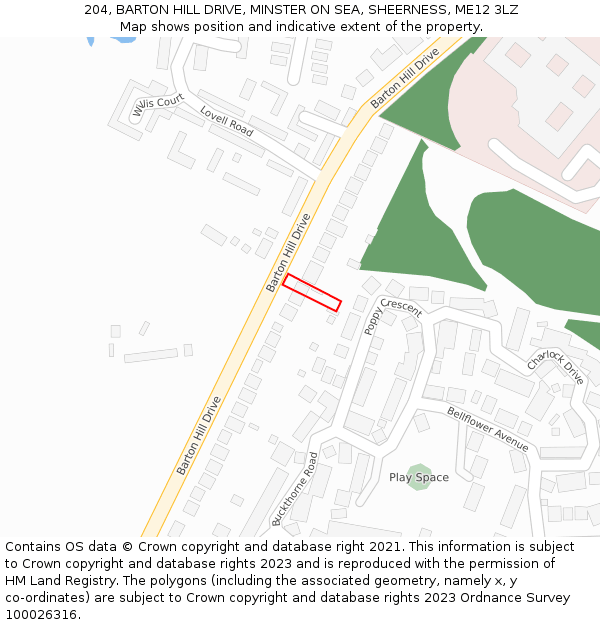 204, BARTON HILL DRIVE, MINSTER ON SEA, SHEERNESS, ME12 3LZ: Location map and indicative extent of plot