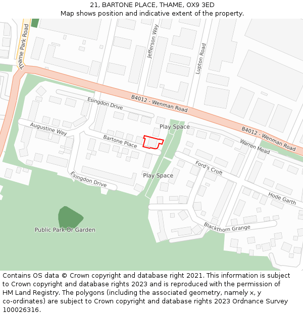 21, BARTONE PLACE, THAME, OX9 3ED: Location map and indicative extent of plot