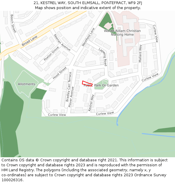 21, KESTREL WAY, SOUTH ELMSALL, PONTEFRACT, WF9 2FJ: Location map and indicative extent of plot