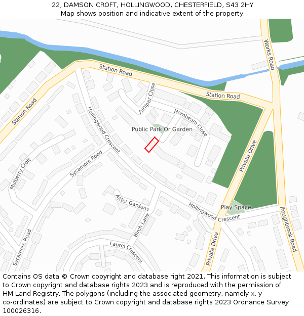 22, DAMSON CROFT, HOLLINGWOOD, CHESTERFIELD, S43 2HY: Location map and indicative extent of plot
