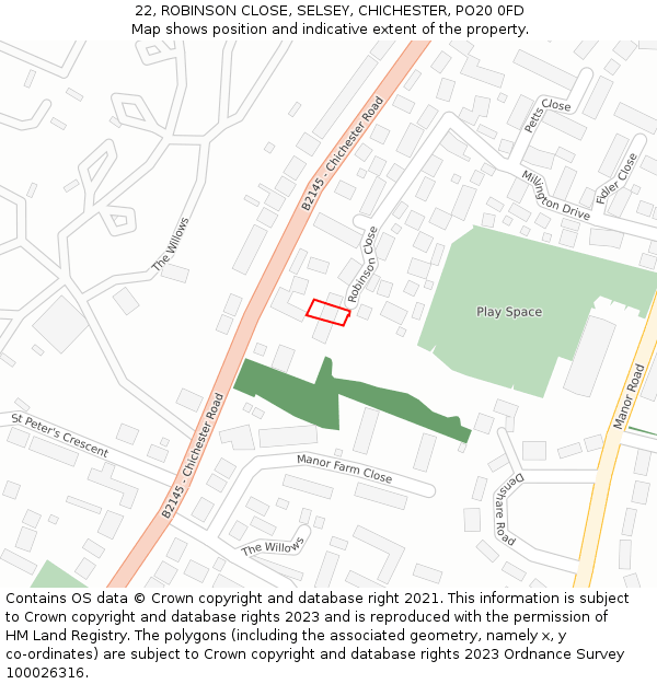 22, ROBINSON CLOSE, SELSEY, CHICHESTER, PO20 0FD: Location map and indicative extent of plot