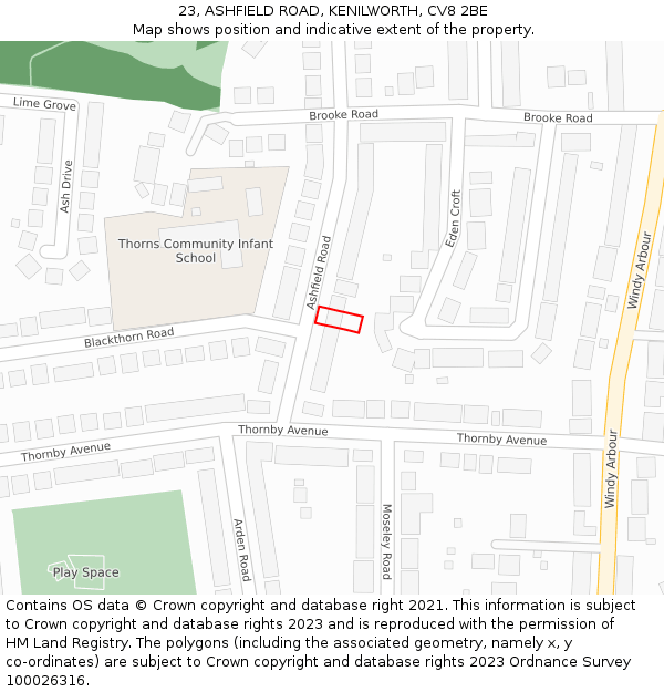 23, ASHFIELD ROAD, KENILWORTH, CV8 2BE: Location map and indicative extent of plot