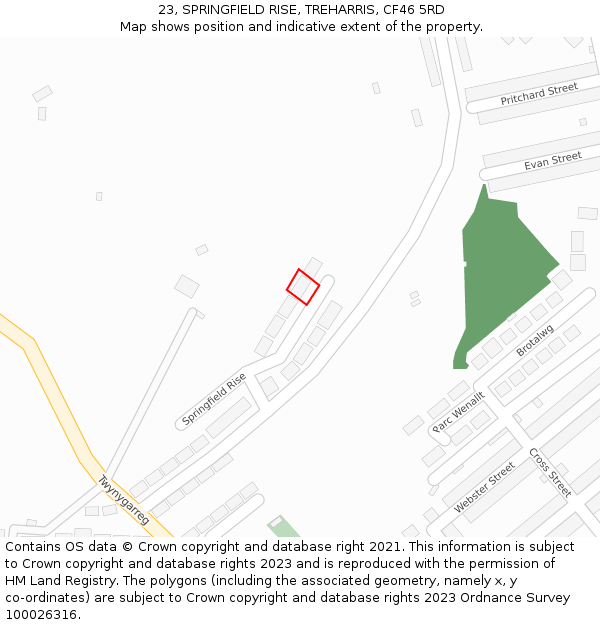 23, SPRINGFIELD RISE, TREHARRIS, CF46 5RD: Location map and indicative extent of plot