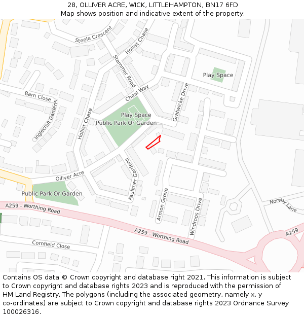 28, OLLIVER ACRE, WICK, LITTLEHAMPTON, BN17 6FD: Location map and indicative extent of plot