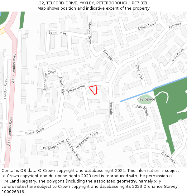 32, TELFORD DRIVE, YAXLEY, PETERBOROUGH, PE7 3ZL: Location map and indicative extent of plot