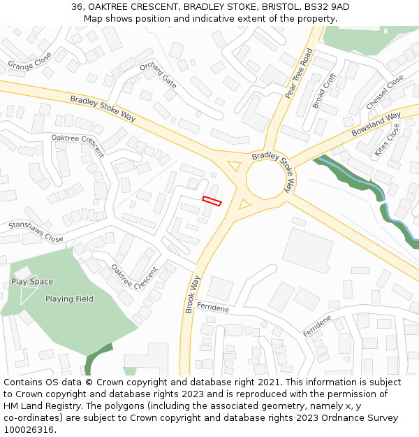 36, OAKTREE CRESCENT, BRADLEY STOKE, BRISTOL, BS32 9AD: Location map and indicative extent of plot