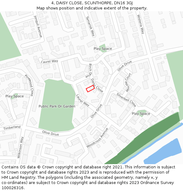 4, DAISY CLOSE, SCUNTHORPE, DN16 3GJ: Location map and indicative extent of plot