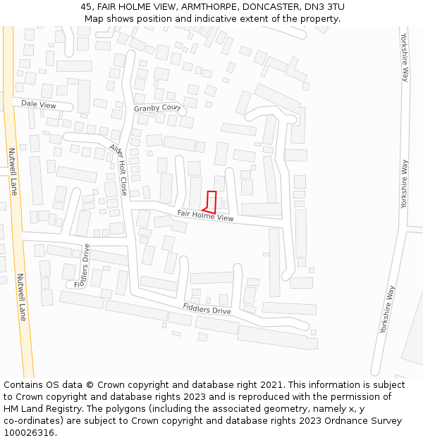 45, FAIR HOLME VIEW, ARMTHORPE, DONCASTER, DN3 3TU: Location map and indicative extent of plot